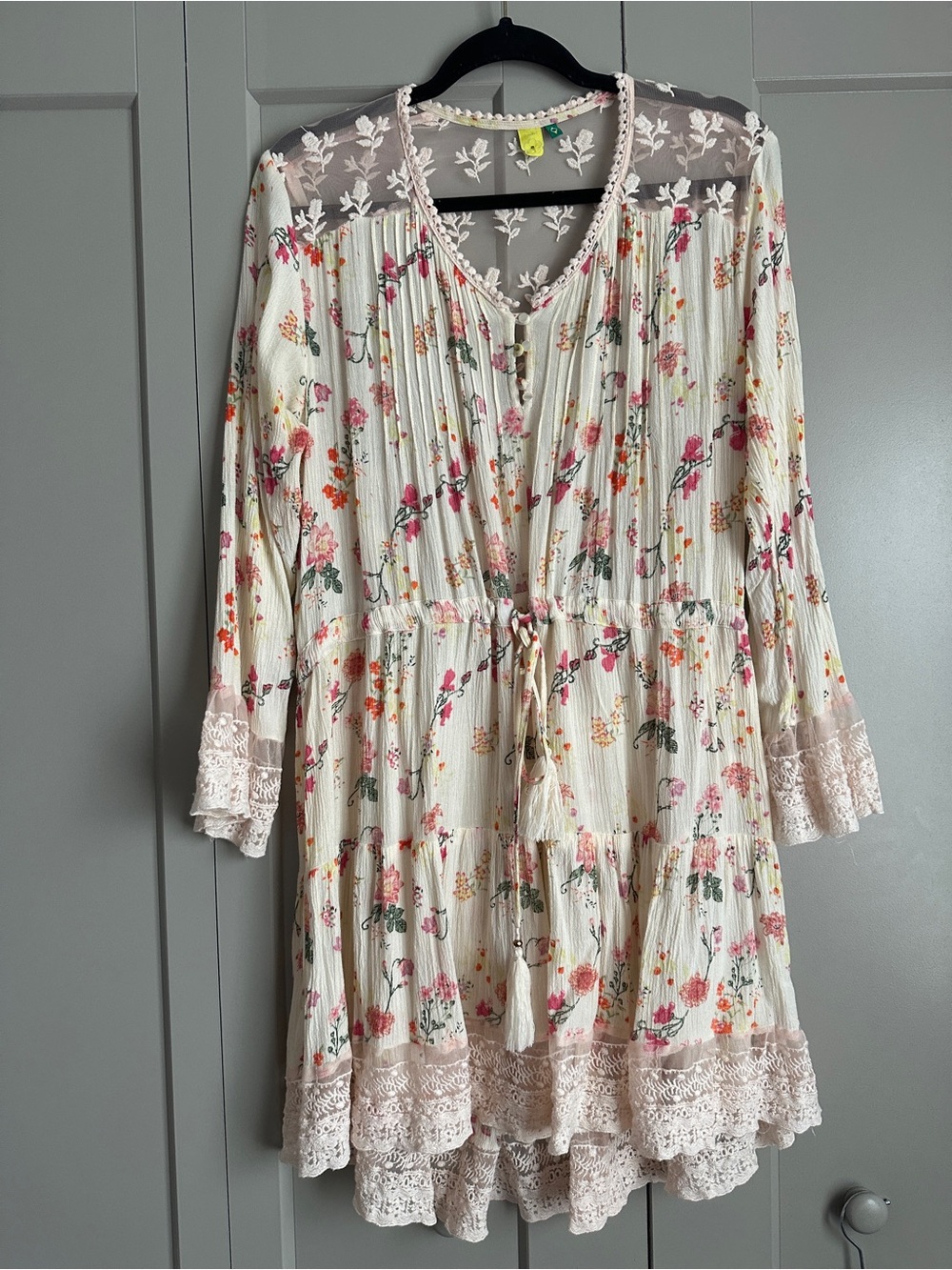 RARE FARM Rio Ivory Floral Lace-Trim Mini Dress with Pink & Orange Accents